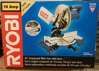 Box showing front packaging of the Ryobi 10 inch compound miter saw with laser and 14 amp motor.