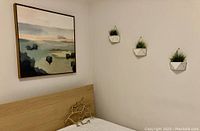 Photo of the hanging landscape print, porcelain planters with faux plants, and metallic branch on wall above bed headboard.