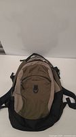 Front view of Eddie Bauer backpack showing three sections and color pattern