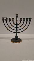 Front view of the brass menorah candelabra showing its nine candle holders arranged symmetrically.