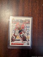 Front view of 1991-92 Upper Deck Dominik Hasek rookie card in protective plastic case showing Hasek in goalie gear and Chicago Blackhawks uniform with team logo and number 34.
