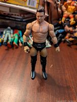 Front angled view of The Miz WWE action figure on wooden surface with other figures blurred in background.