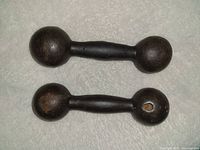 Two black cast iron dumbbell-shaped weights lying flat, showing one with a hole on one rounded end, both with visible rust spots and surface wear.