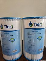 Photo showing two Tier 1 PAS-1581 filter cartridges with labels detailing compatibility and specifications.