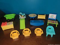 Full set of vintage Little People furniture and accessories including bed, slide, rocking horse, table, pool, shelf, puzzle board, wagon, three chairs, and high chair.