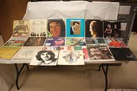 Full view of 20 vinyl LP album covers laid out on a table, showing variety of artists and cover art styles.