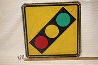 Full front view of square vintage steel traffic light ahead sign with yellow background and green, yellow, red light symbols.