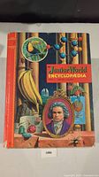 Front cover of the 1960 Junior World Encyclopedia book featuring colorful illustrations including birds, a molecule, a classical portrait, plants, and insects.