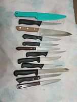 Photo of assorted kitchen knives with various handle colors and blade types.