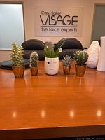 Front view of five small faux plants arranged on wooden surface, showing varying styles of green plants and pots.