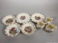 Full set of 8 pieces including mugs, bowls, plates showing Bunnykins rabbit designs and border