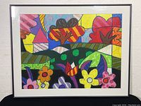 Frontal photo showing full framed colorful abstract pastel and crayon painting signed by SARI