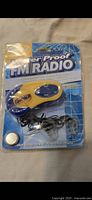 Original unopened packaging of the waterproof FM radio showing product, earphones, and battery