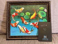 Full front view of the framed fish print on canvas showing the vibrant colors of the koi fish and lily pads.
