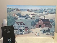 Front view of the canvas print showing the pastoral landscape, multi-building farmhouse, barn, and human figures