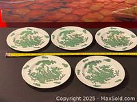 Five green dragon decorated antique ceramic plates arranged on a surface with a measuring tape showing approximate width.