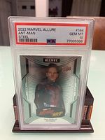 Front of the 2022 Marvel Allure Ant-Man Steel trading card graded PSA 10 Gem Mint, showing Paul Rudd in Ant-Man costume with steel-themed design.