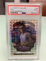 Front of 2022 Marvel Allure Hulk White Diamond trading card showing Mark Ruffalo as Hulk with holographic white diamond pattern, graded PSA 9 Mint.