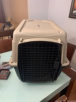 Front view of the plastic dog crate showing door and overall condition.