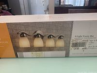 Box of Portfolio Paces 4-light vanity bar showing image of the vanity bar with brushed nickel finish and marble-washed glass shades.