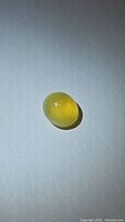 Natural yellow fire opal oval cabochon gemstone on white background showing smooth polished surface and translucent quality.