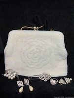 Lot arranged on black background showing purse and all jewelry pieces in one view