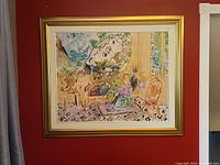 Full front view of framed Raoul Dufy print on red wall