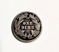 Reverse side showing wreath surrounding the words 'ONE DIME'.