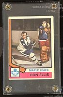 Front of 1974-75 O-Pee-Chee Ron Ellis hockey card showing player in Leafs uniform skating and controlling puck, with team name and card number 12.