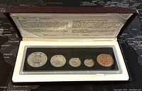 Five Canadian coins in a protective plastic case inside a presentation box, showing obverse sides with Queen Elizabeth II.
