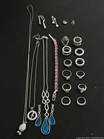 Overview of all jewelry laid out, including necklaces, rings, bracelet, earrings, and pins on black background