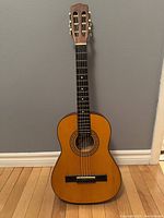 Full length front view of junior size acoustic guitar showing wooden body, fretboard, and headstock with tuning pegs.