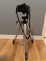 Front view of tripod fully extended on wood floor with camera mounted