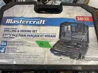 Closed carry case labeled Mastercraft 246 piece Drilling & Driving Set showing brand, piece count and condition