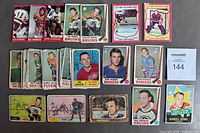 Full view of 30 vintage O.P.C. hockey cards arranged flat. Includes players from multiple teams and eras, some cards showing notable players such as Gordie Howe and Phil Esposito.