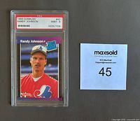Front of the 1989 Donruss Randy Johnson rookie baseball card with PSA grading slab showing Mint 9 grade.