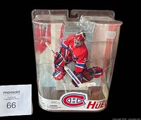 Front view of sealed Cristobal Huet McFarlane figurine in Montreal Canadiens goalie gear inside plastic packaging.