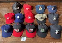 View from the top of all 16 caps arranged on a wooden floor, showing logos and colors.