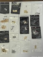 Image showing 17 small bags of assorted new gold and silver tone pendants, charms and jewelry accessories arranged on white background.
