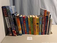 Lot of 16 books including DC Comics encyclopedias and middle school fiction novels displayed upright in two photos.