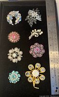 Top view of all 8 brooches in the lot on black background with ruler for size reference.