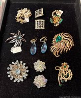 Top view of array of costume brooches and five pairs of earrings on black velvet background showing variety of styles and stones.