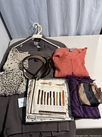 Overview photo of entire lot showing brown dress, several scarves in various colors and patterns, and two brown belts.