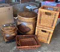 Overview of all woven containers and baskets showing size and design variety