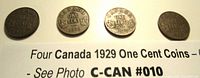Four 1929 Canadian one cent coins arranged in a row on top of the seller information paper, showing the coin reverses with 'CANADA ONE CENT 1929' inscription.