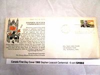 Two images of Canada 1968 Stephen Leacock Centennial First Day Covers each with 6 cent stamp and printed commemorative text.