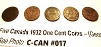Five 1932 Canada one cent coins front (reverse) side showing denomination and maple leaf design.
