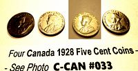 Photo showing obverse sides of the four 1928 Canadian five cent coins with King George V profile, displayed on seller's typed paper.