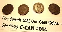 Four Canada 1932 one cent coins laid out in a row, front and obverse visible on some coins.