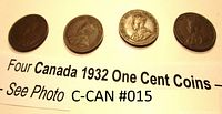 Four Canada 1932 One Cent Coins arranged on a sheet with text